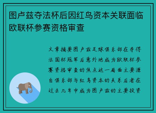 图卢兹夺法杯后因红鸟资本关联面临欧联杯参赛资格审查