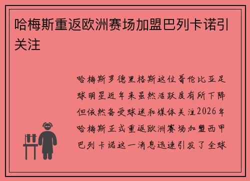 哈梅斯重返欧洲赛场加盟巴列卡诺引关注