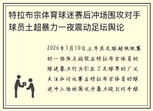 特拉布宗体育球迷赛后冲场围攻对手球员土超暴力一夜震动足坛舆论